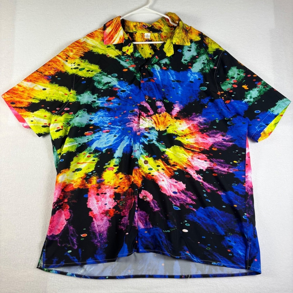 Feifeiyu Mens XXL Tie Dye Button Down Shirt Short Sleeve Psychedelic Multi Color